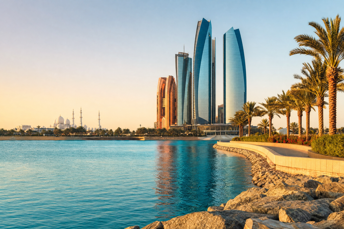 The Sheikh Zayed Grand Mosque at sunset, Abu Dhabi, UAE