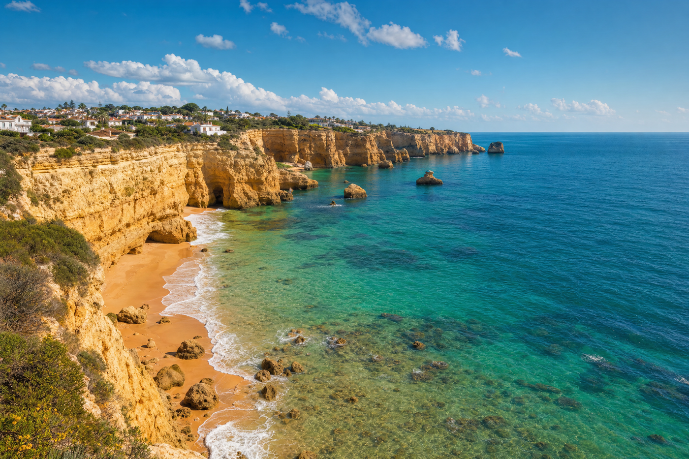 Scenic Algarve coastline with golden cliffs and turquoise sea, boats and a sandy beach