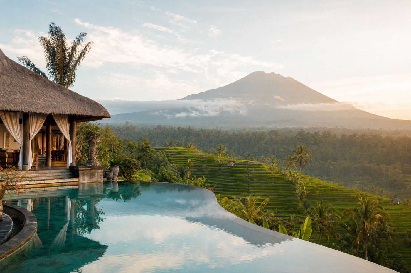Sunset in Bali with frangipani flowers and a local food market