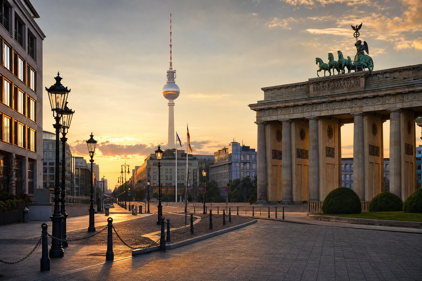 The Berlin TV Tower rising above city rooftops, framed by tree-lined streets