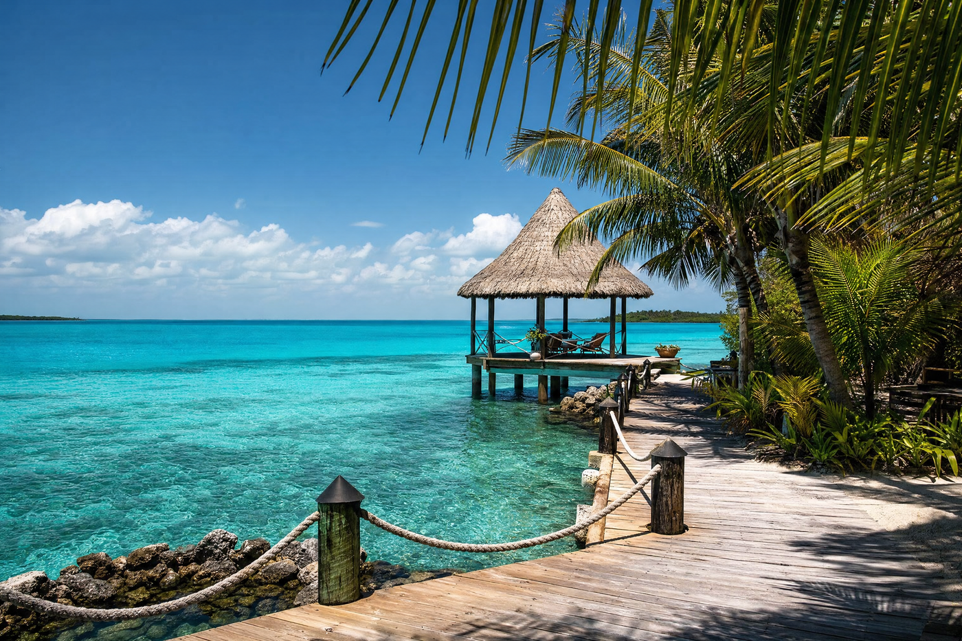 Tropical beach and clear waters in Belize with palm trees and blue sky