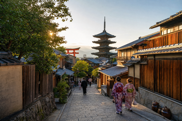 Cherry blossoms blooming along a canal in Kyoto during spring