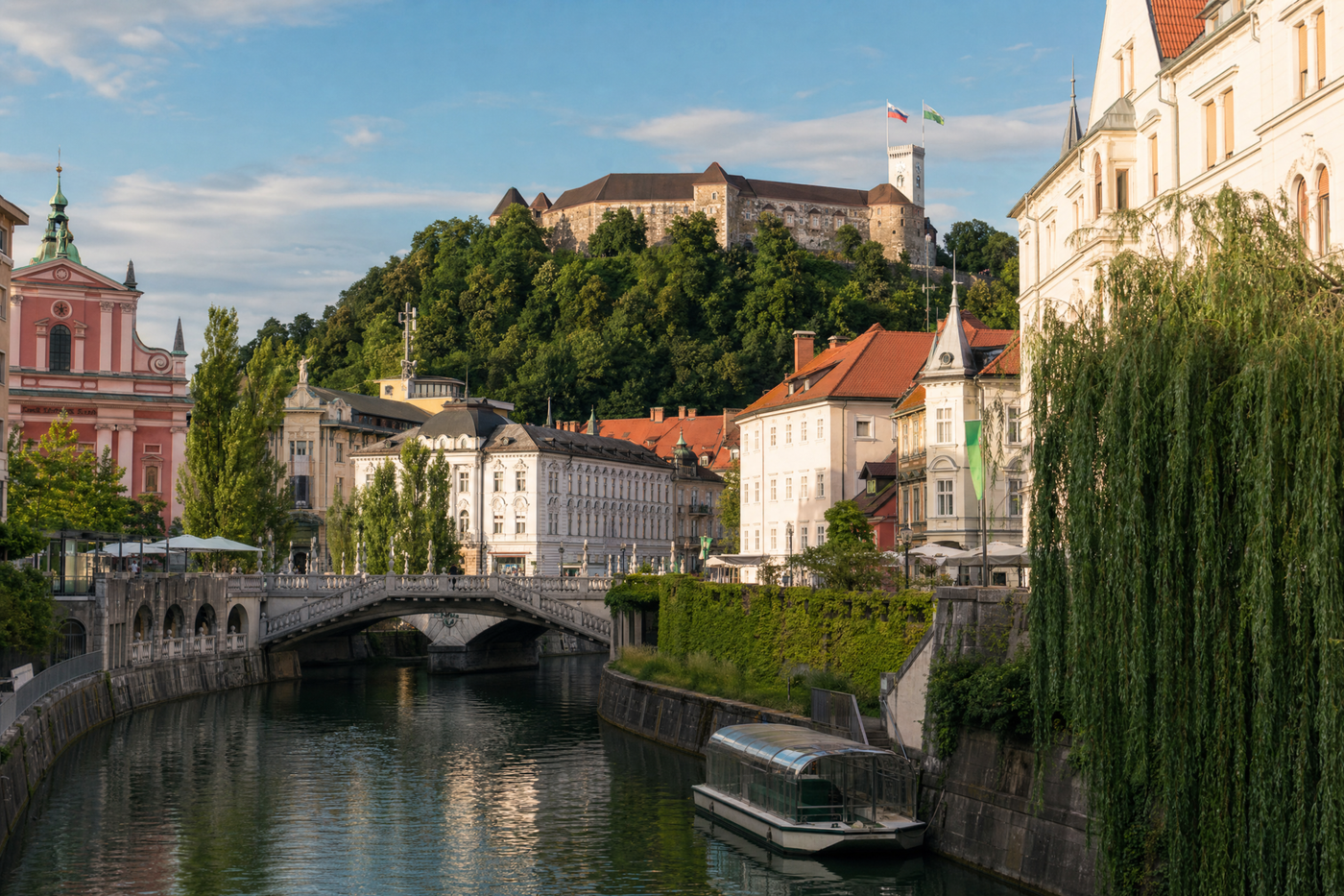 Ljubljana cityscape with river, castle, and seasonal foliage