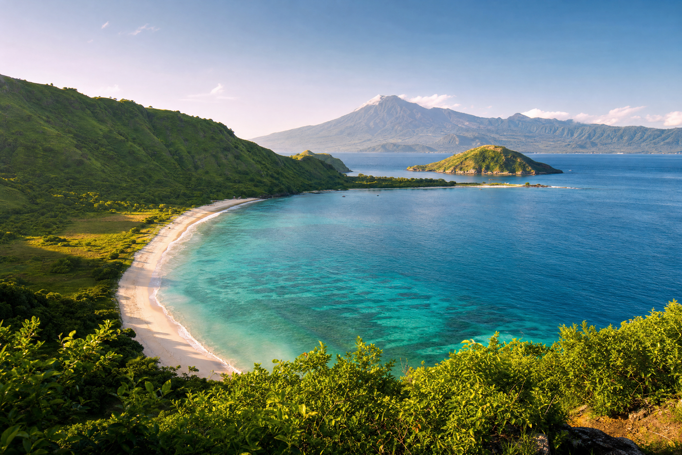 A sunlit Lombok coastline with blue seas, lush hills, and a quiet beach