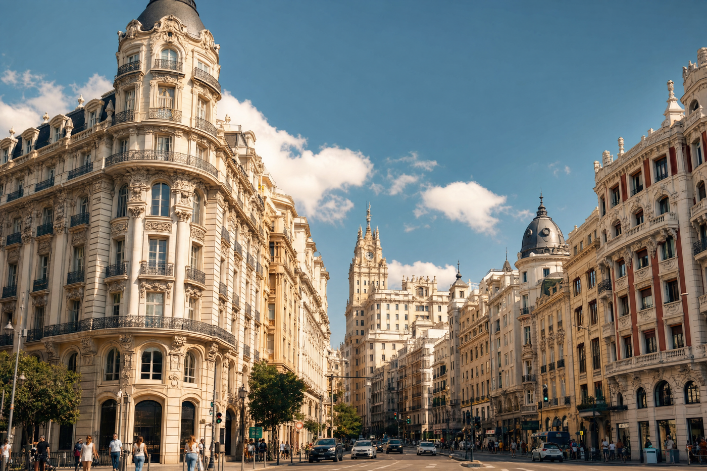 Madrid skyline with clear skies, people in outdoor cafes