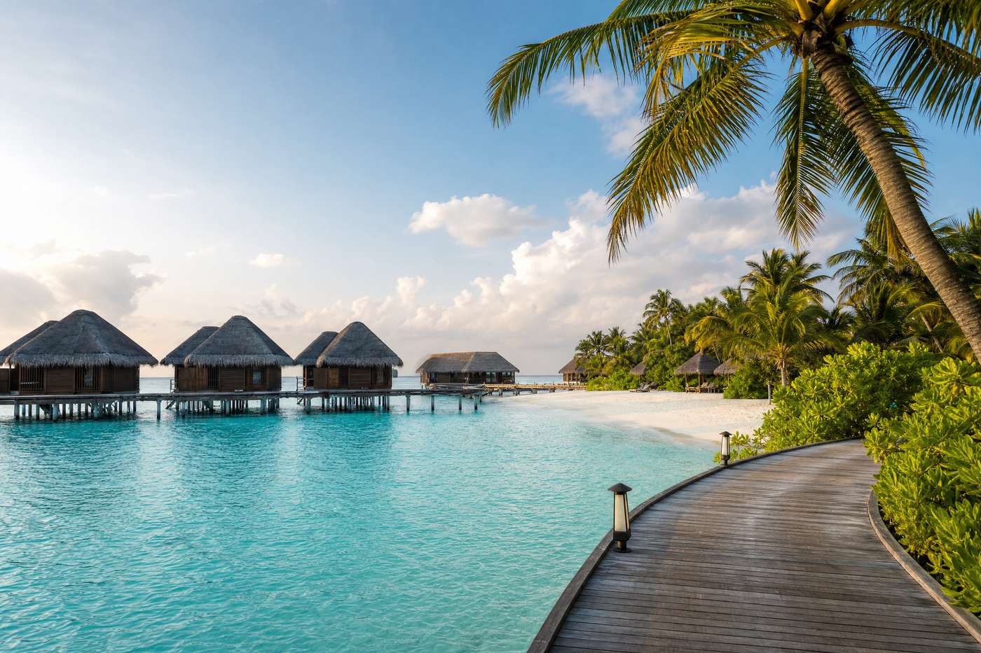 Sunny Maldivian beach during peak dry season with turquoise water and palm trees