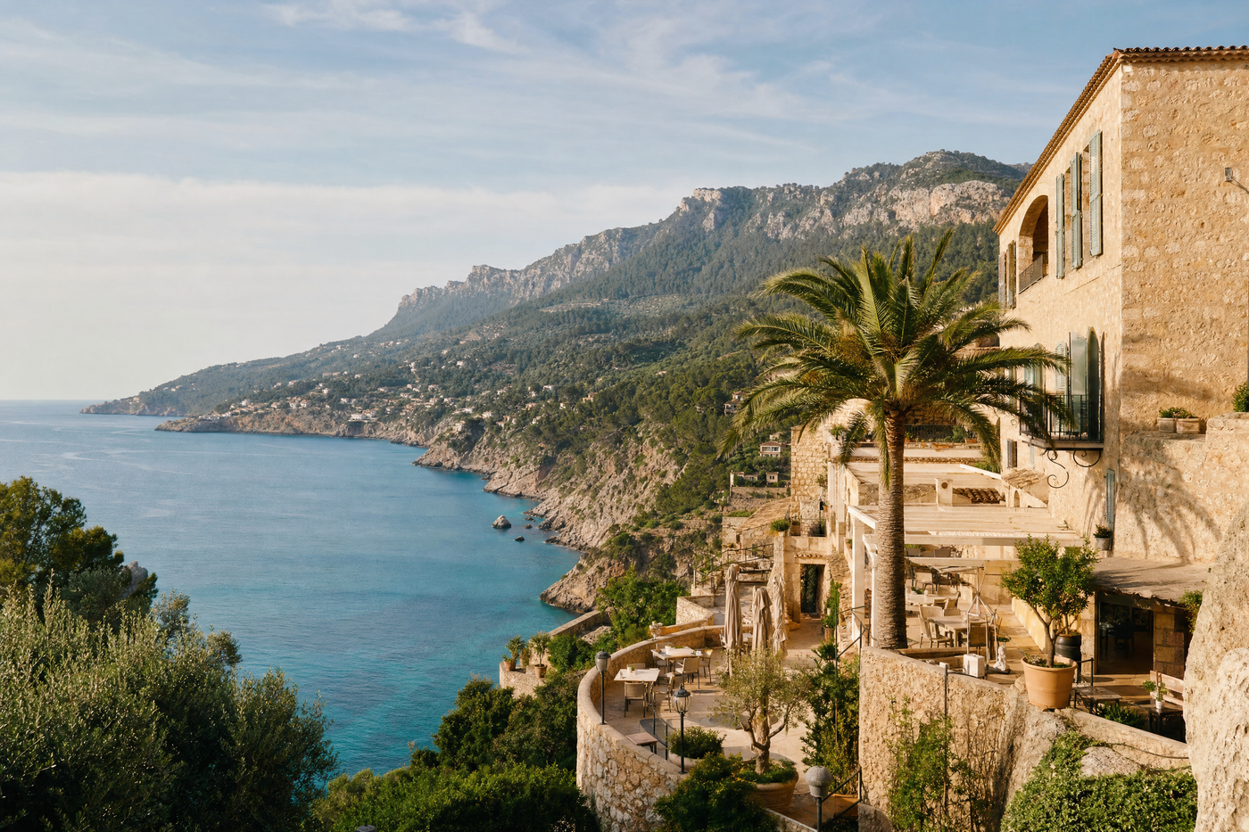 Panoramic view of Palma de Mallorca, harbor and old town under clear skies