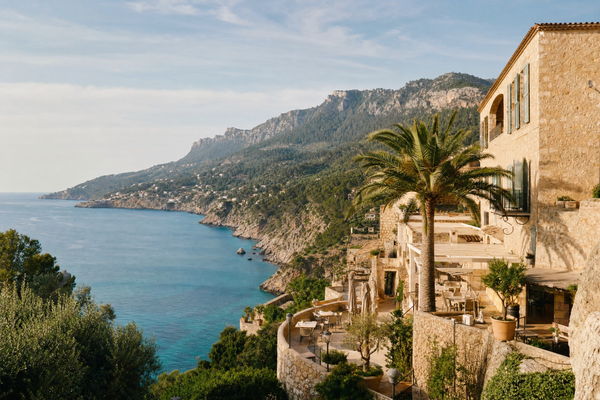 Panoramic view of Palma de Mallorca, harbor and old town under clear skies
