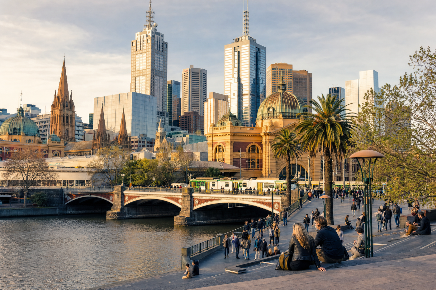 Skyline view of Melbourne on a sunny day with seasonal crowds