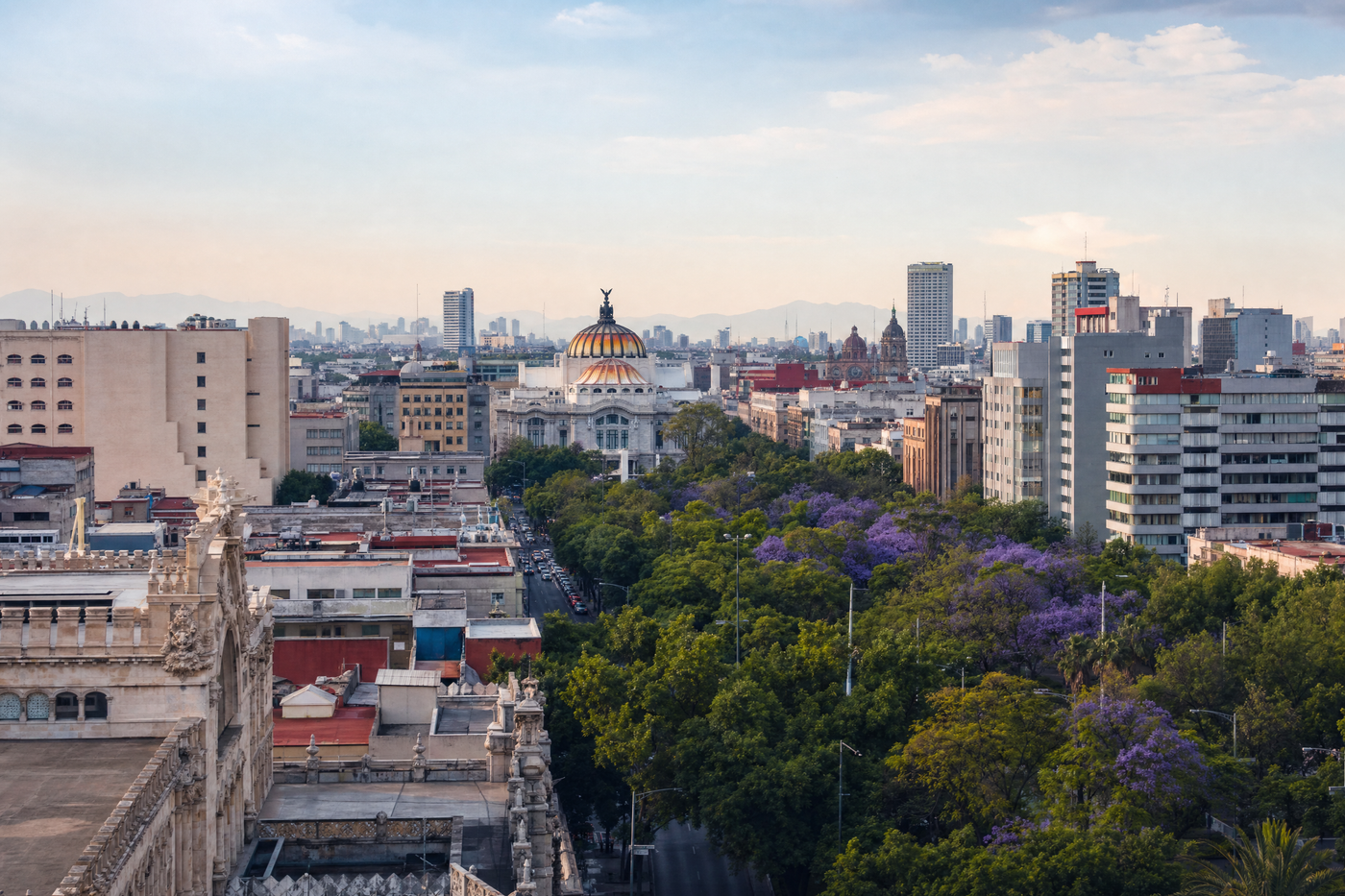 Panoramic view of Mexico City's historic center with clear skies