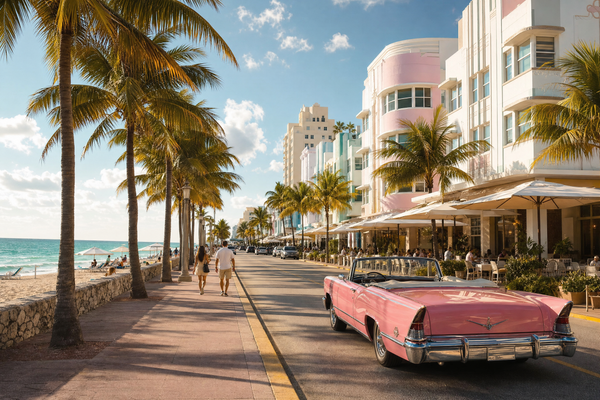 Clear skies over Miami beach with sunbathers and palm trees