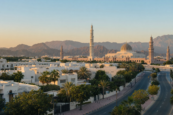 Muscat skyline and mountains under blue skies