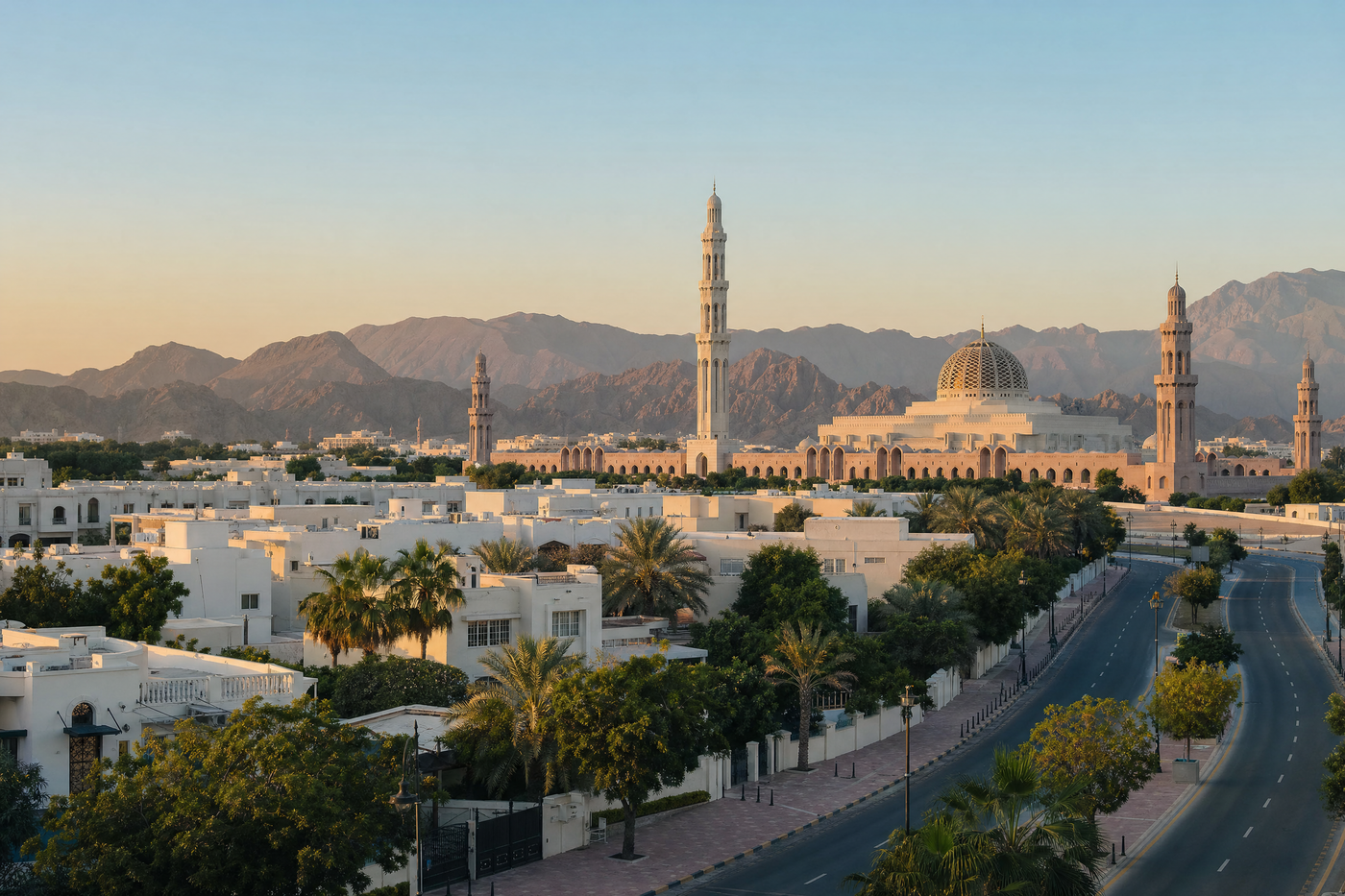 Muscat skyline and mountains under blue skies