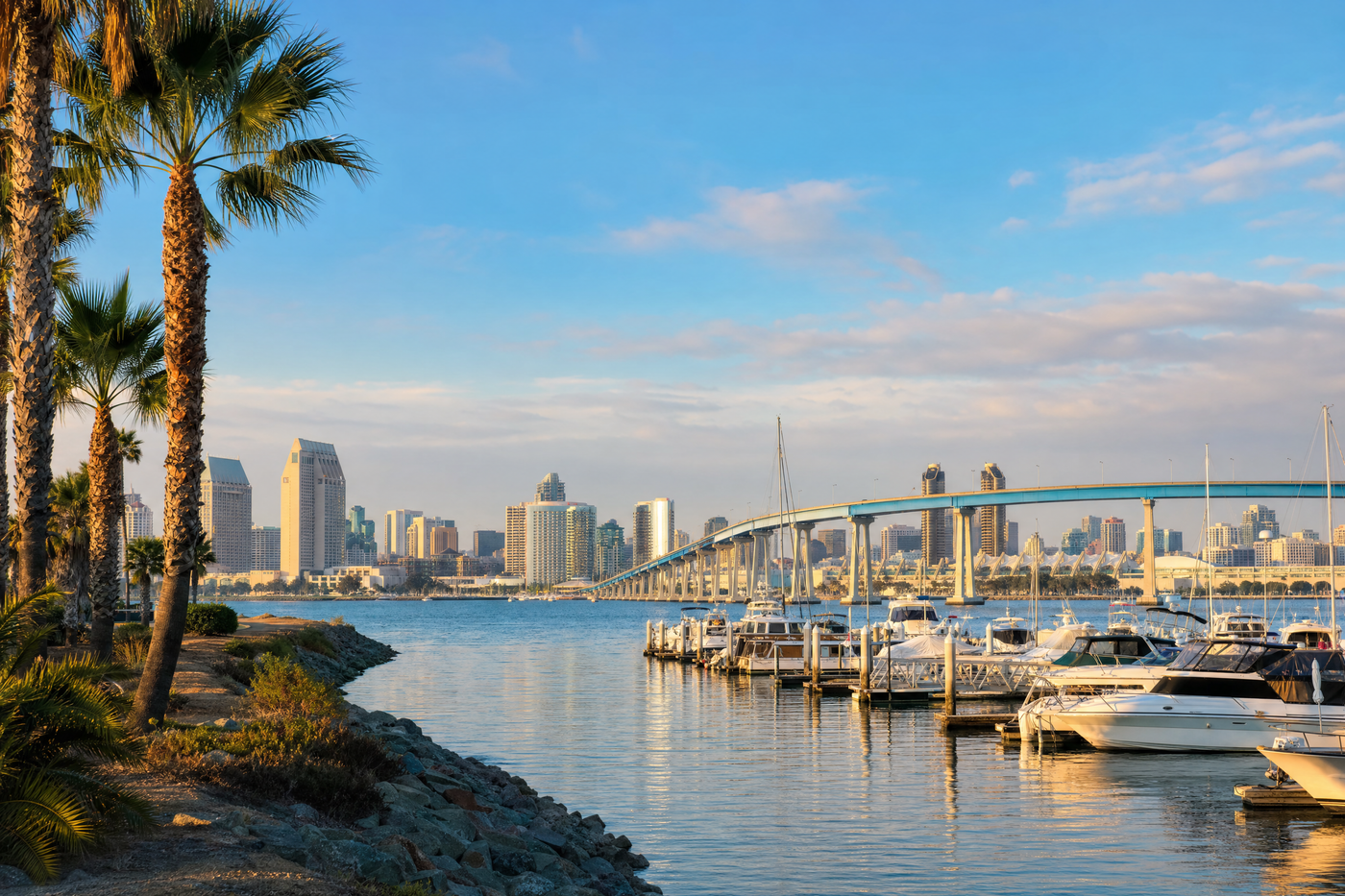 Sunny day at San Diego beach with light crowds and clear blue sky