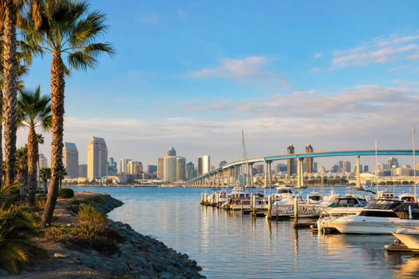 Sunny day at San Diego beach with light crowds and clear blue sky