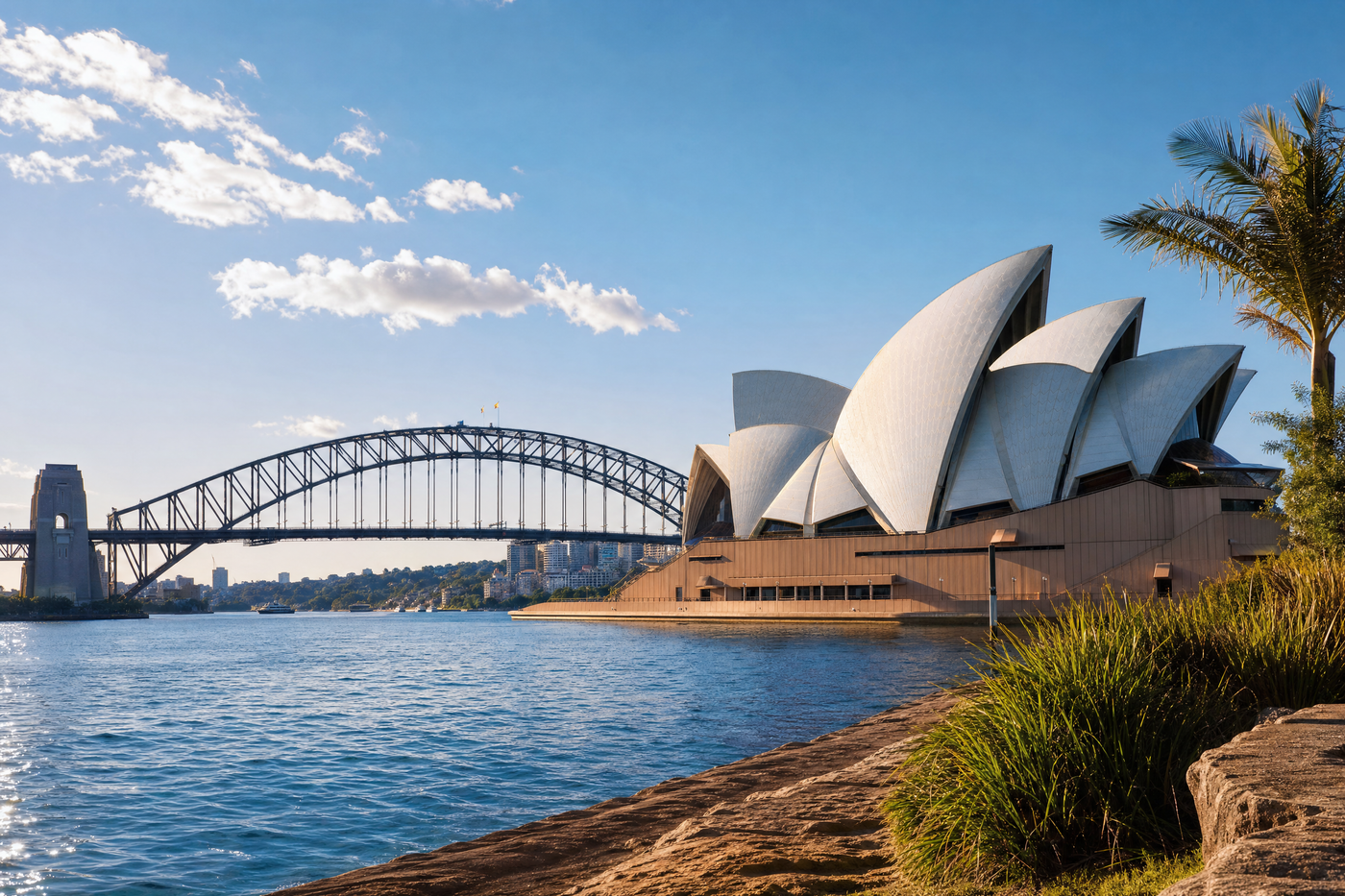 Sydney skyline with clear skies from the Royal Botanic Garden, showing the Opera House and Harbour Bridge