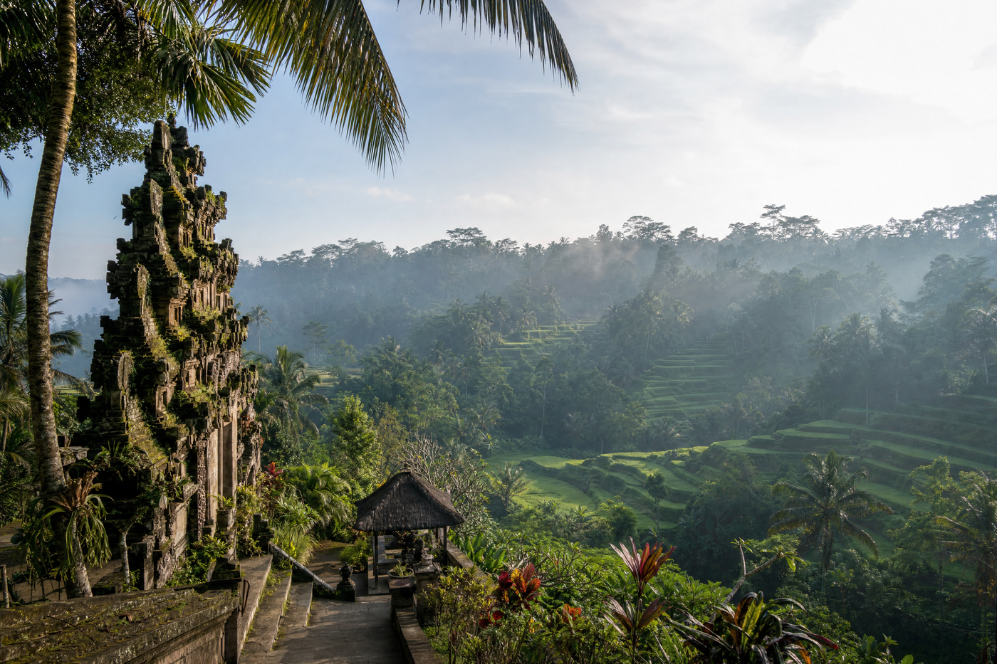 Panoramic view of Ubud's rice terraces under partly cloudy skies