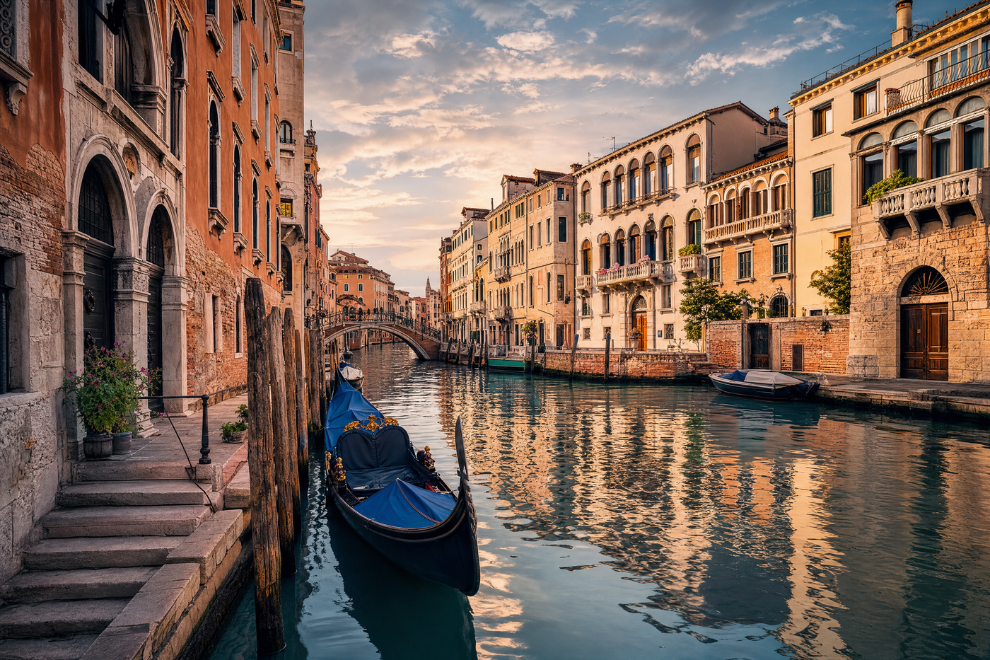 A scenic view of Venice’s Grand Canal with gondolas and historic buildings under soft sunlight