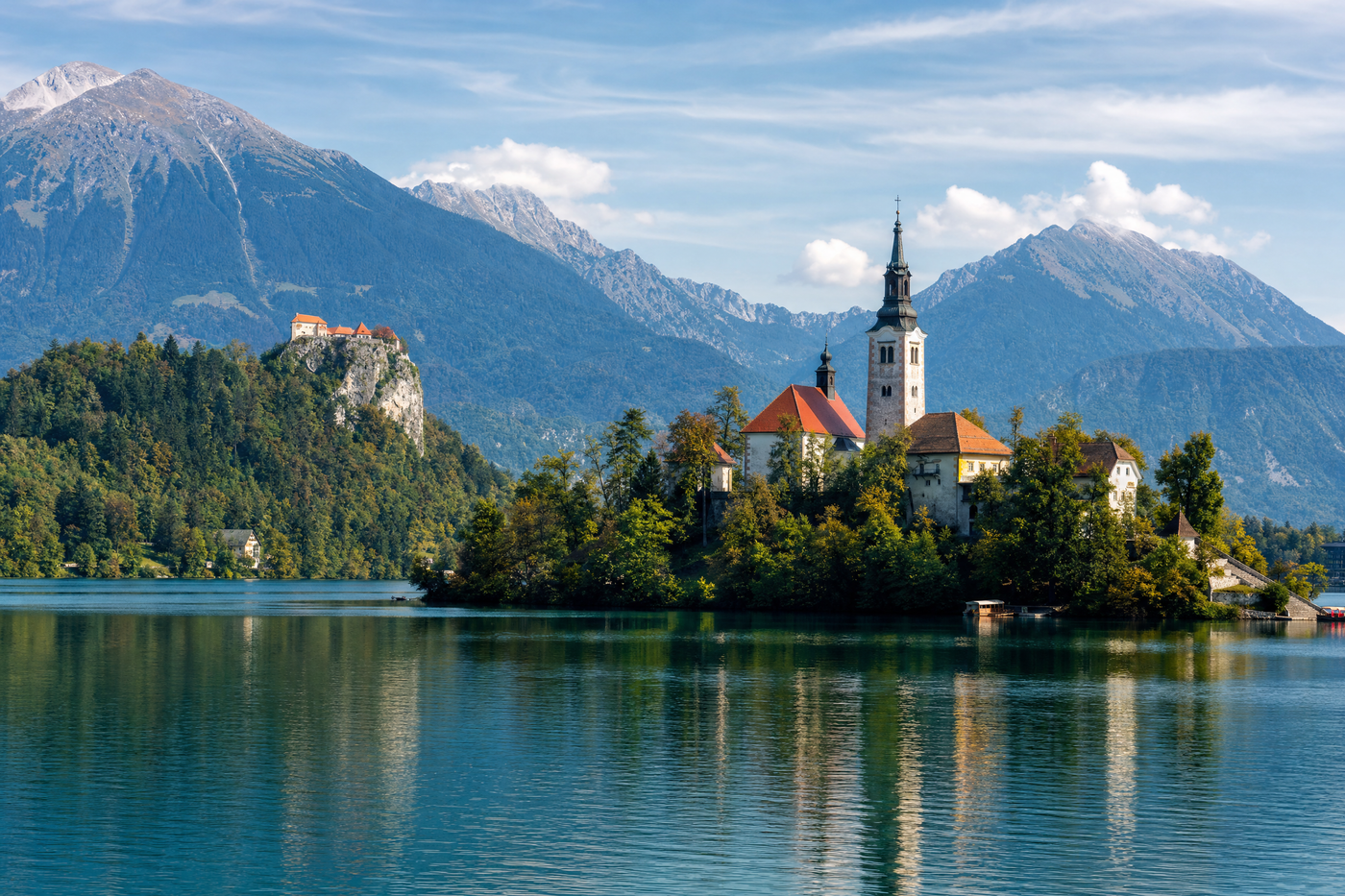 Lake Bled with the island and castle in Slovenia on a sunny day