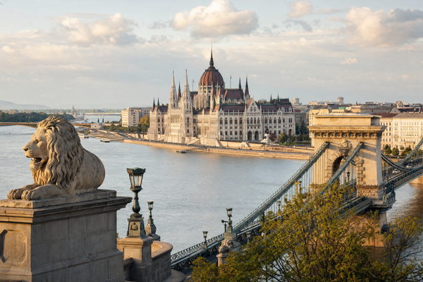 Panoramic view of Budapest cityscape with Danube River and iconic landmarks