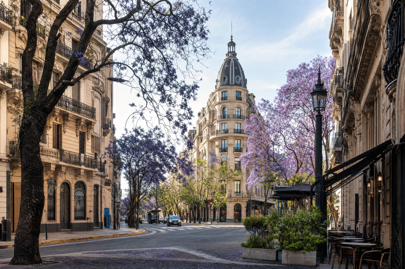 Panoramic view of Buenos Aires skyline with the Obelisco monument and city streets