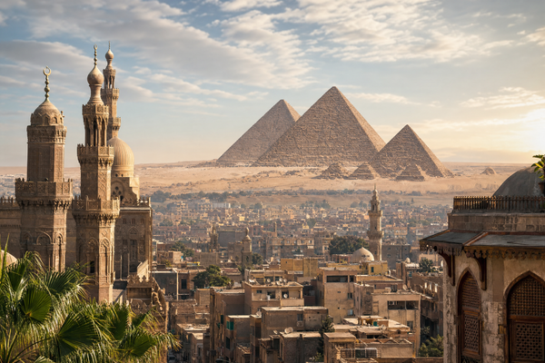 The Pyramids of Giza with Cairo skyline in the background under a clear sky