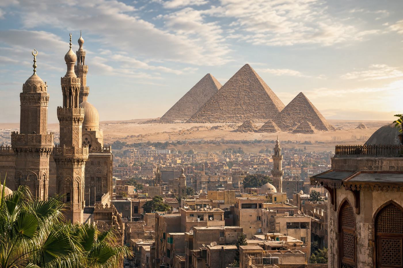 The Pyramids of Giza with Cairo skyline in the background under a clear sky
