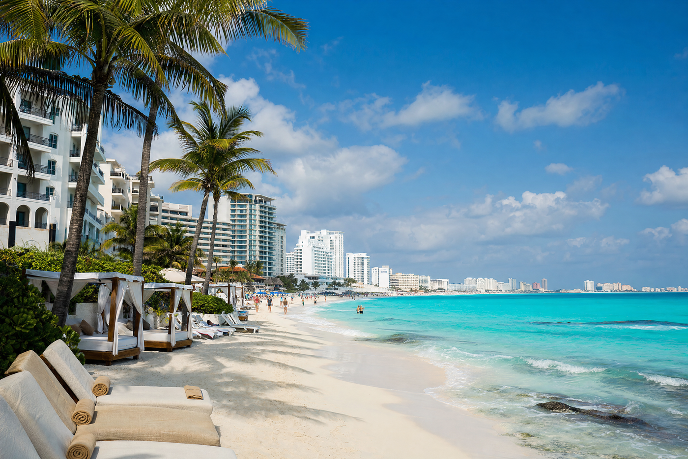 A tranquil Cancun beach with turquoise waters, palm trees, and morning sunlight