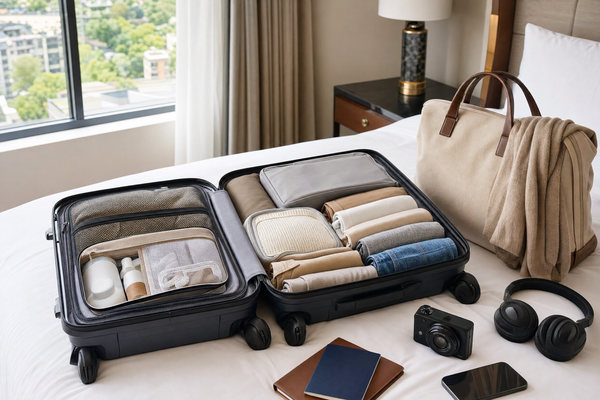 Neatly packed carry-on suitcase with neatly folded clothes and travel essentials arranged inside.