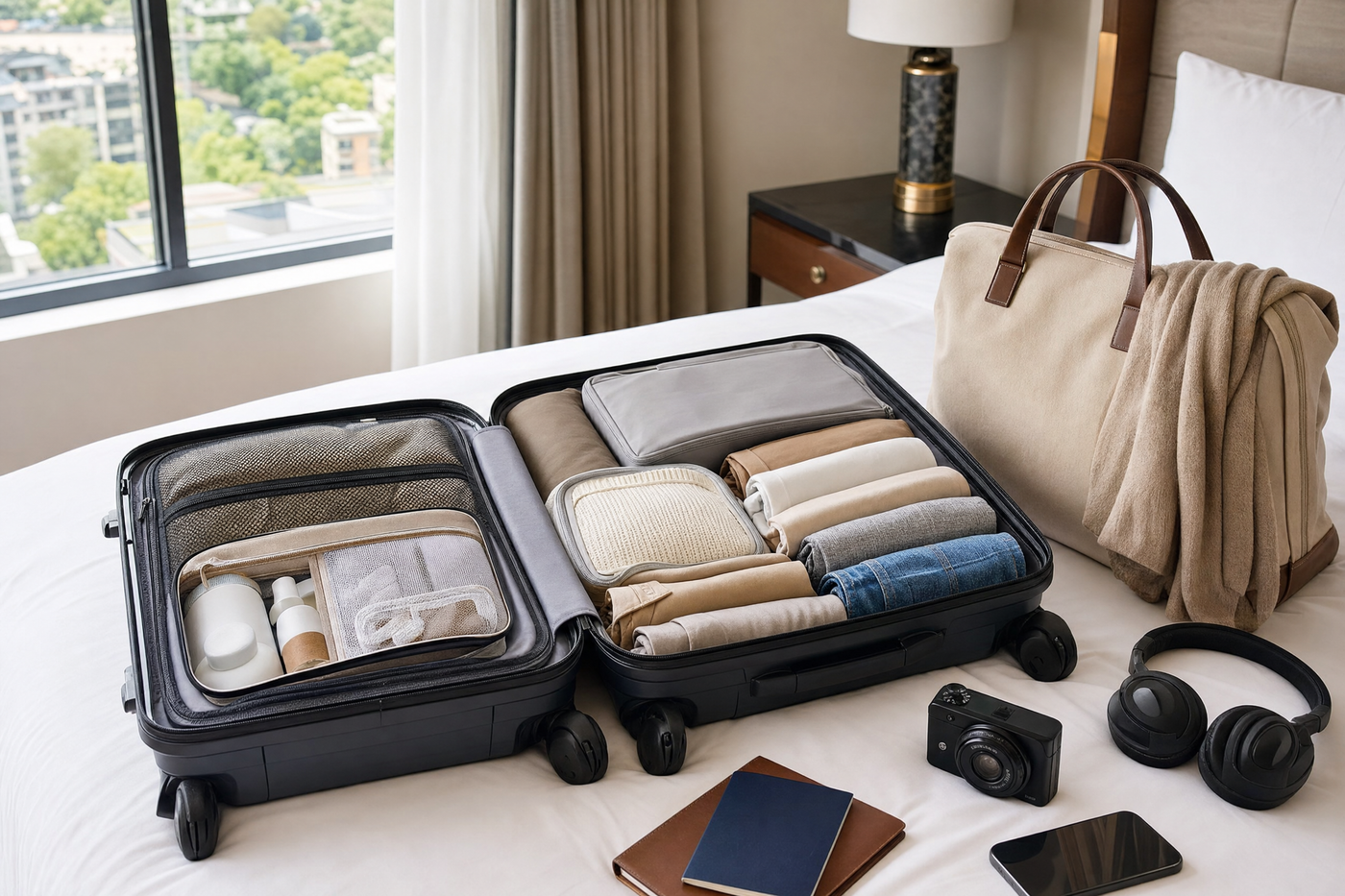 Neatly packed carry-on suitcase with neatly folded clothes and travel essentials arranged inside.