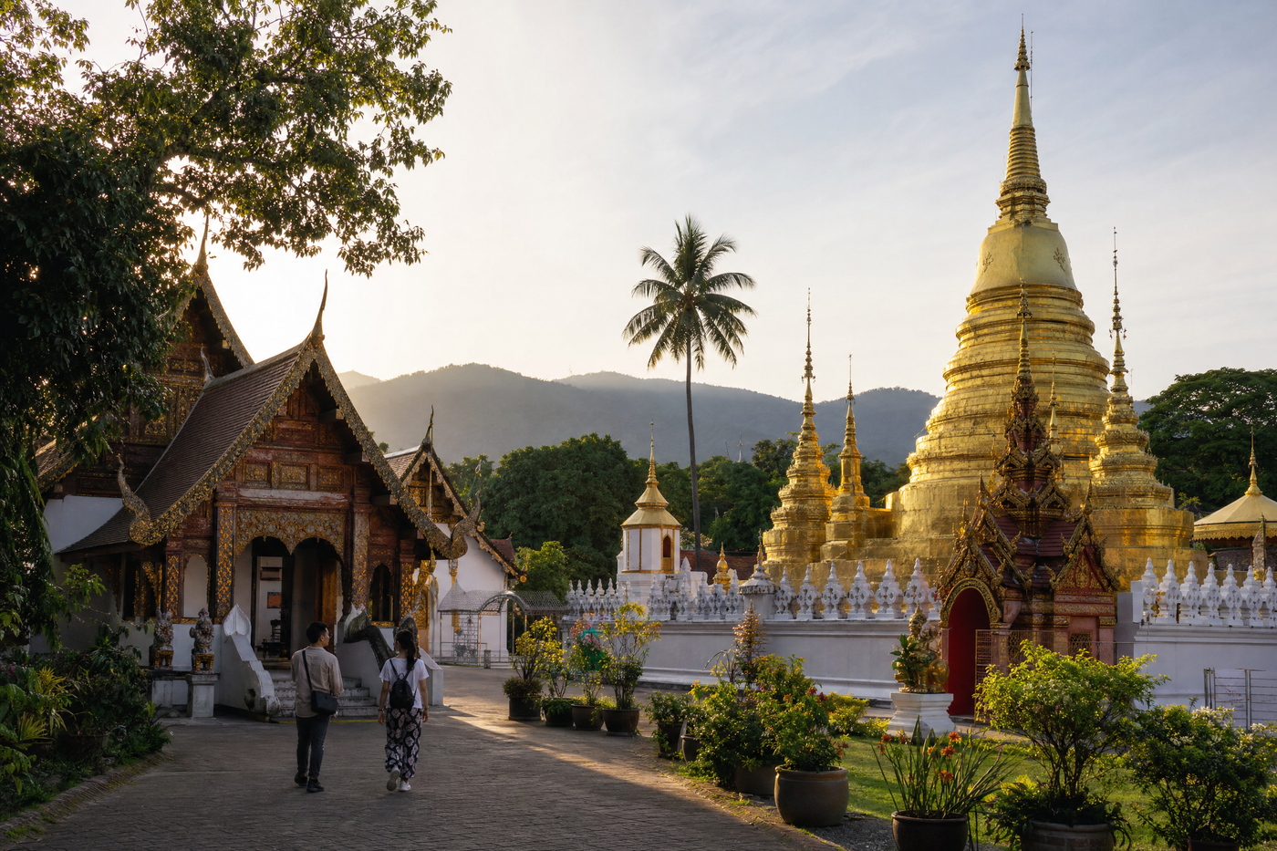 Affordable street scene in Chiang Mai with temples, food stalls, and tuk tuks.