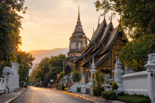 Doi Suthep temple overlooking Chiang Mai city at sunset