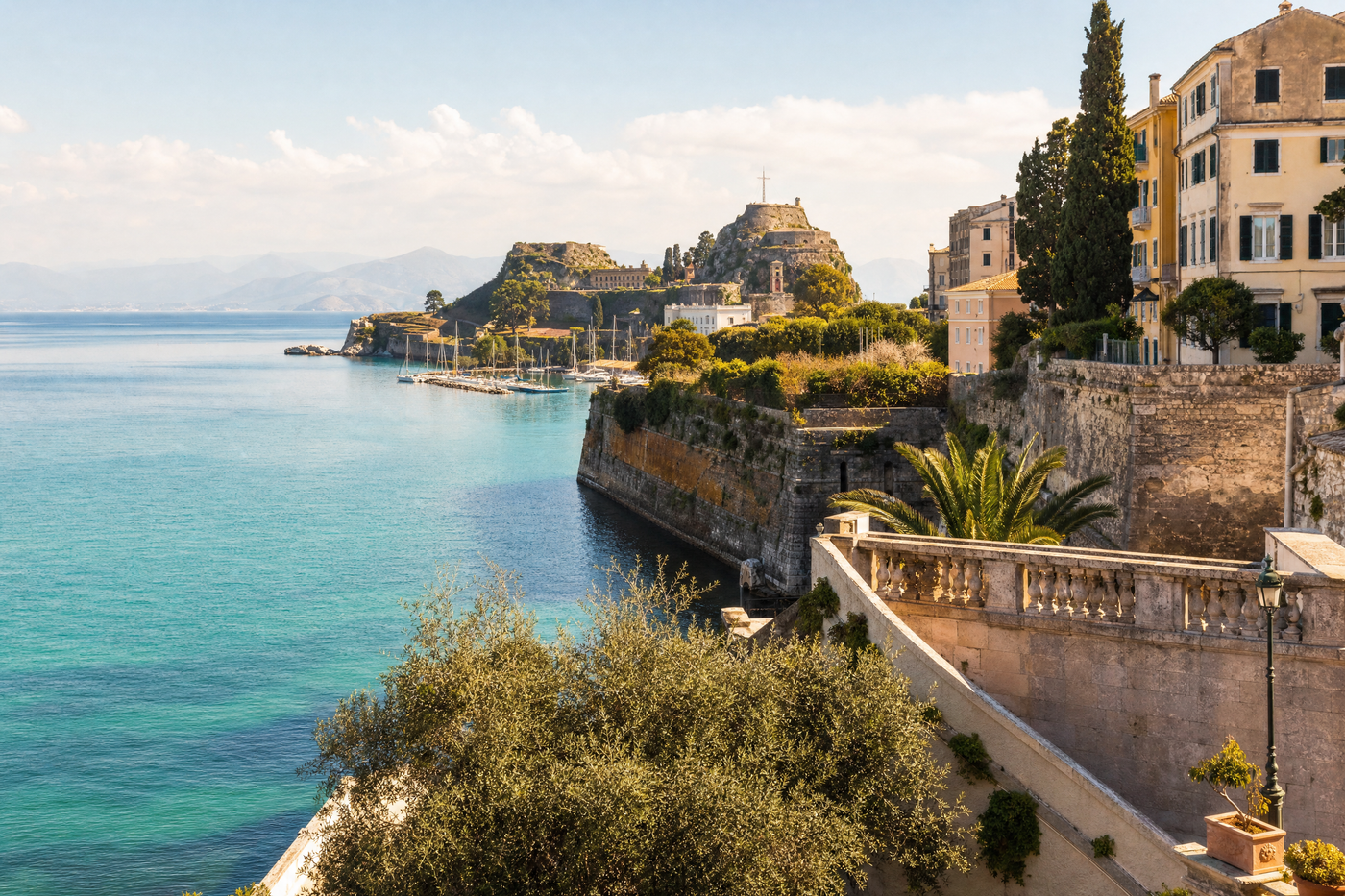 View of Corfu’s old town and coastline with blue sea and green hills