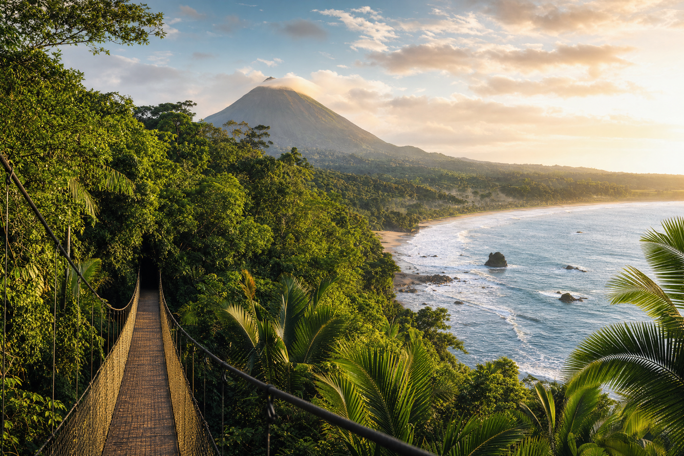A misty rainforest in Costa Rica with a distant volcano and lush greenery