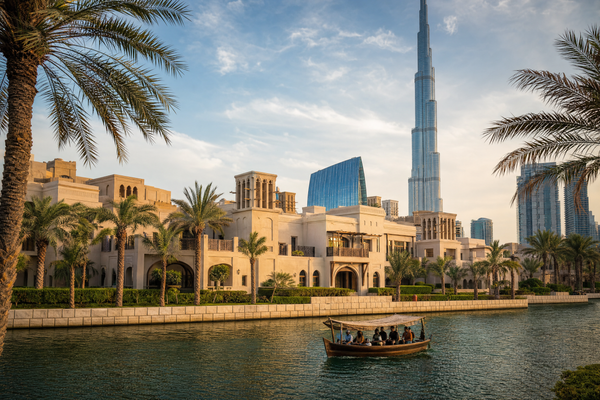 Dubai skyline with Burj Khalifa and dhow boats on the creek at sunset