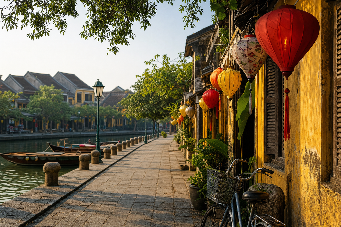 Hoi An lantern-lit street with yellow colonial houses and riverboats at dusk