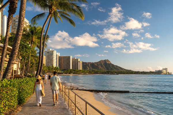 View of Waikiki Beach and Diamond Head from a scenic lookout in Honolulu