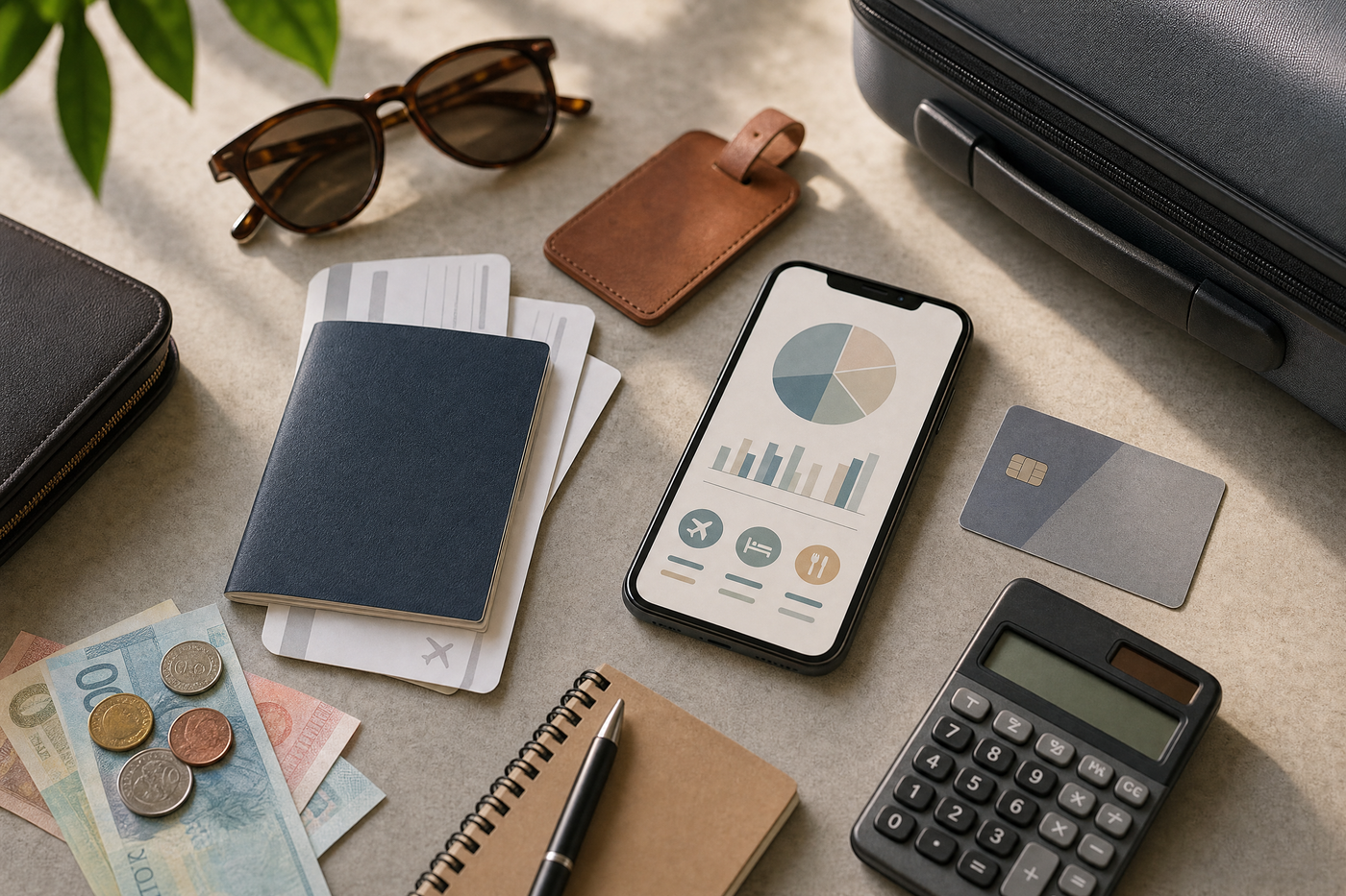 A close-up of a travel wallet with boarding passes and foreign currency