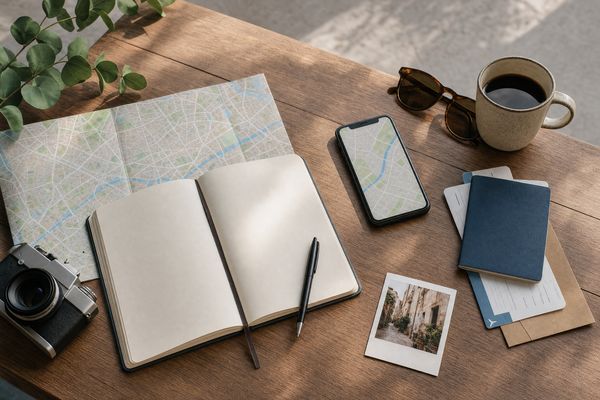 A traveler consulting a city map, walking past a busy souvenir stand in a historic square, smiling and looking up at local architecture.