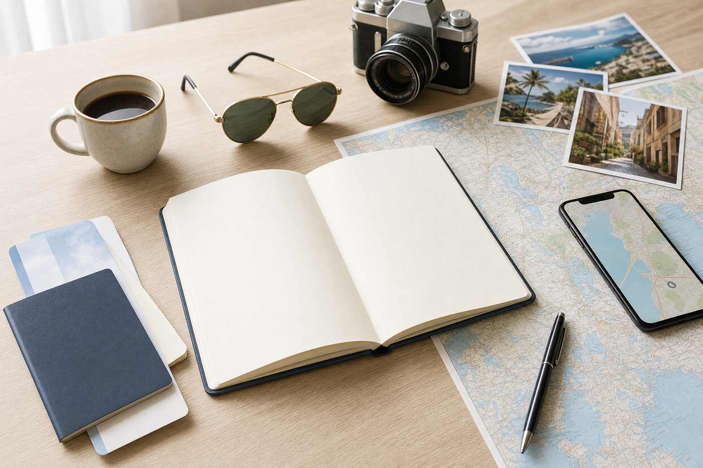 A traveler reviews a map and itinerary on a cafe table, surrounded by travel guides and a coffee mug.