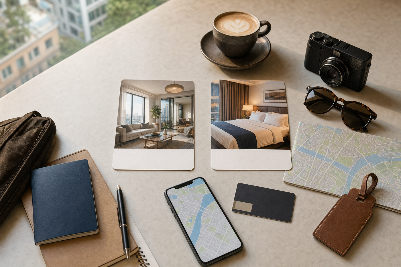 A side-by-side comparison of a modern hotel room and a cozy urban Airbnb apartment
