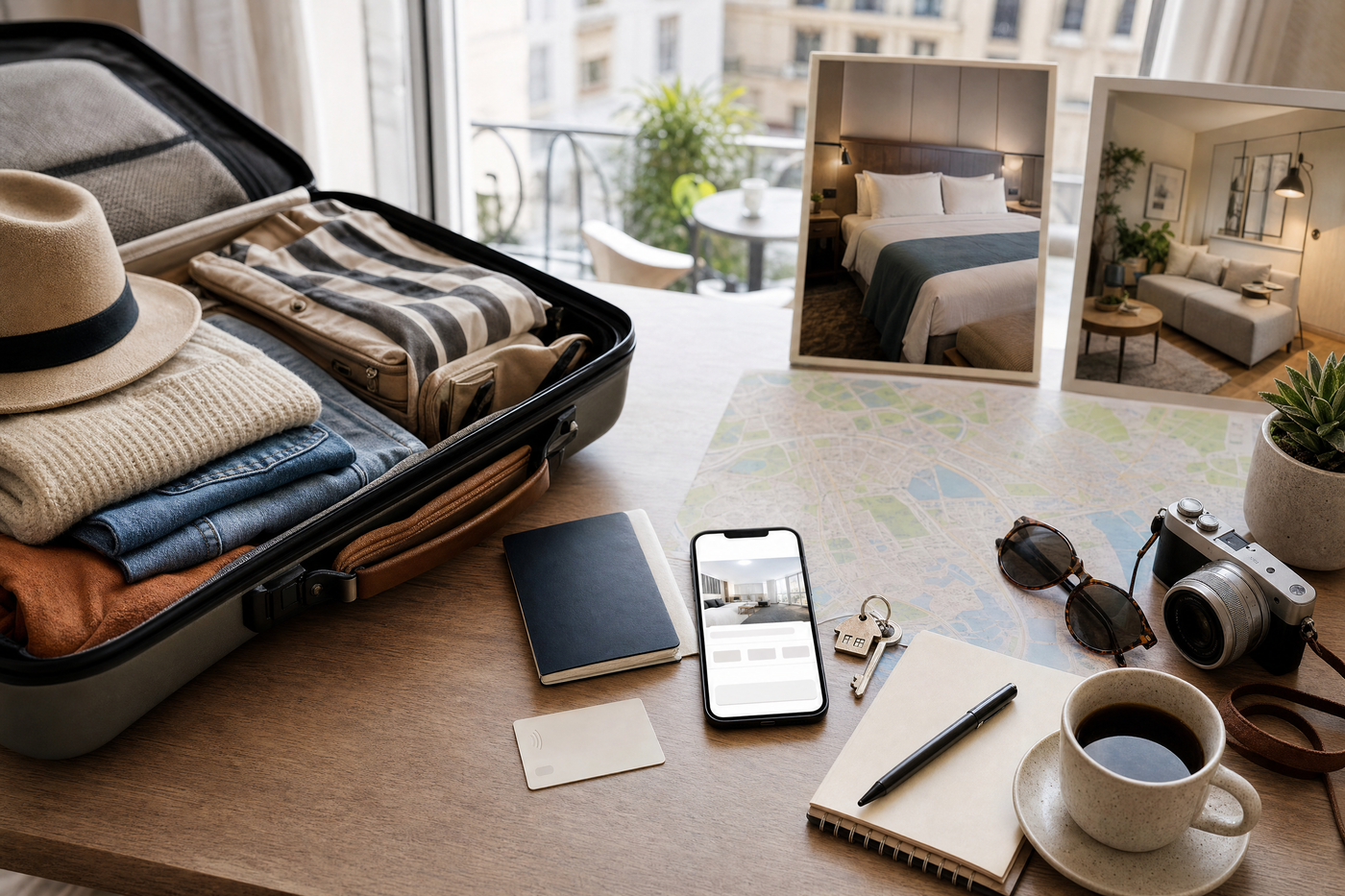 Suitcase between stylish Airbnb apartment and classic hotel room, symbolizing travel accommodation choices.