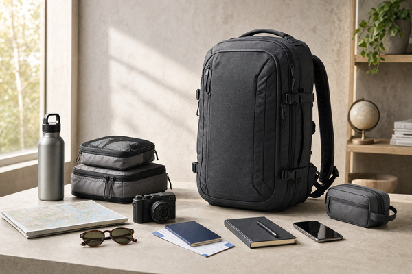 A traveler adjusting their backpack at an airport terminal