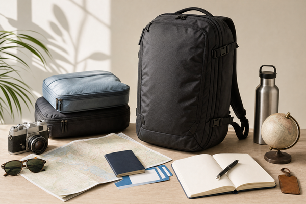 Open backpack revealing organized compartments and travel essentials inside
