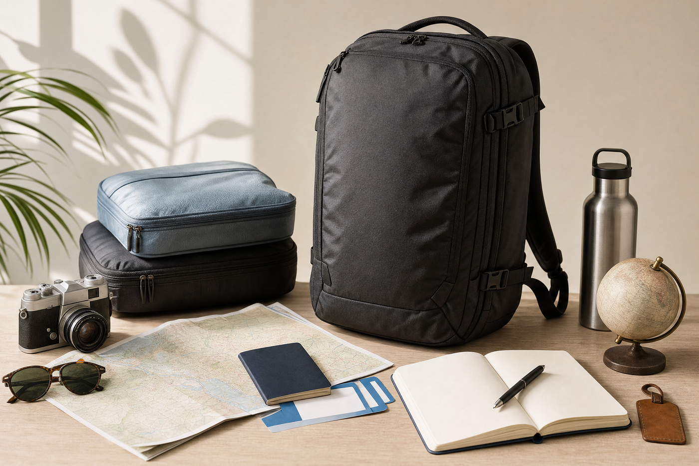 Open backpack revealing organized compartments and travel essentials inside