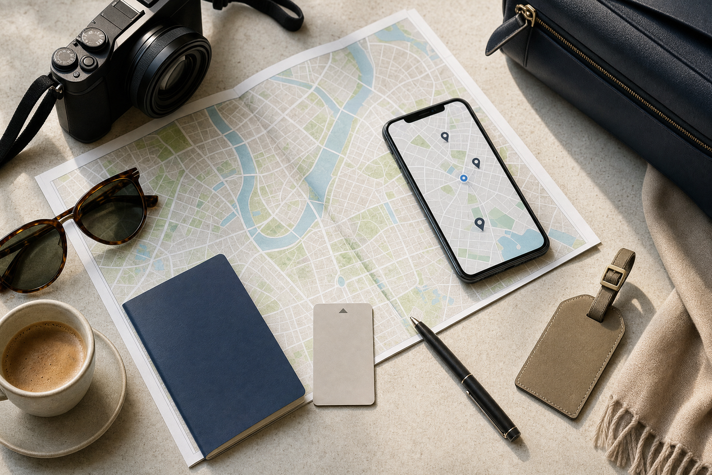 Traveler studying city neighborhoods on a map with public transport icons and food spots highlighted.