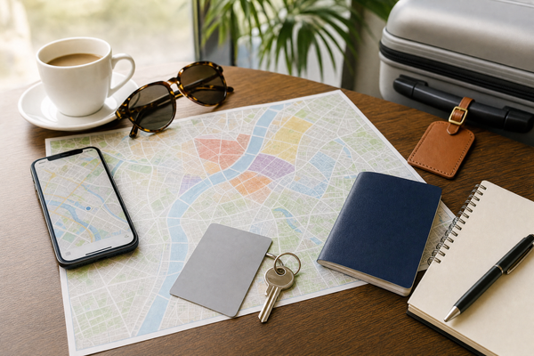 Traveler reviewing a city map to decide where to stay