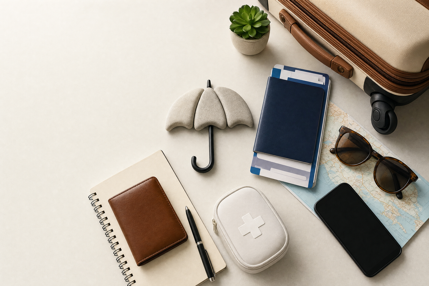 Clipboard checklist with travel icons and an insurance document