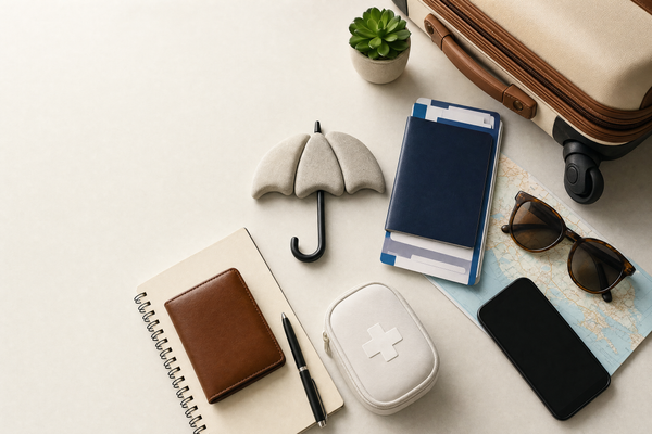 Clipboard checklist with travel icons and an insurance document