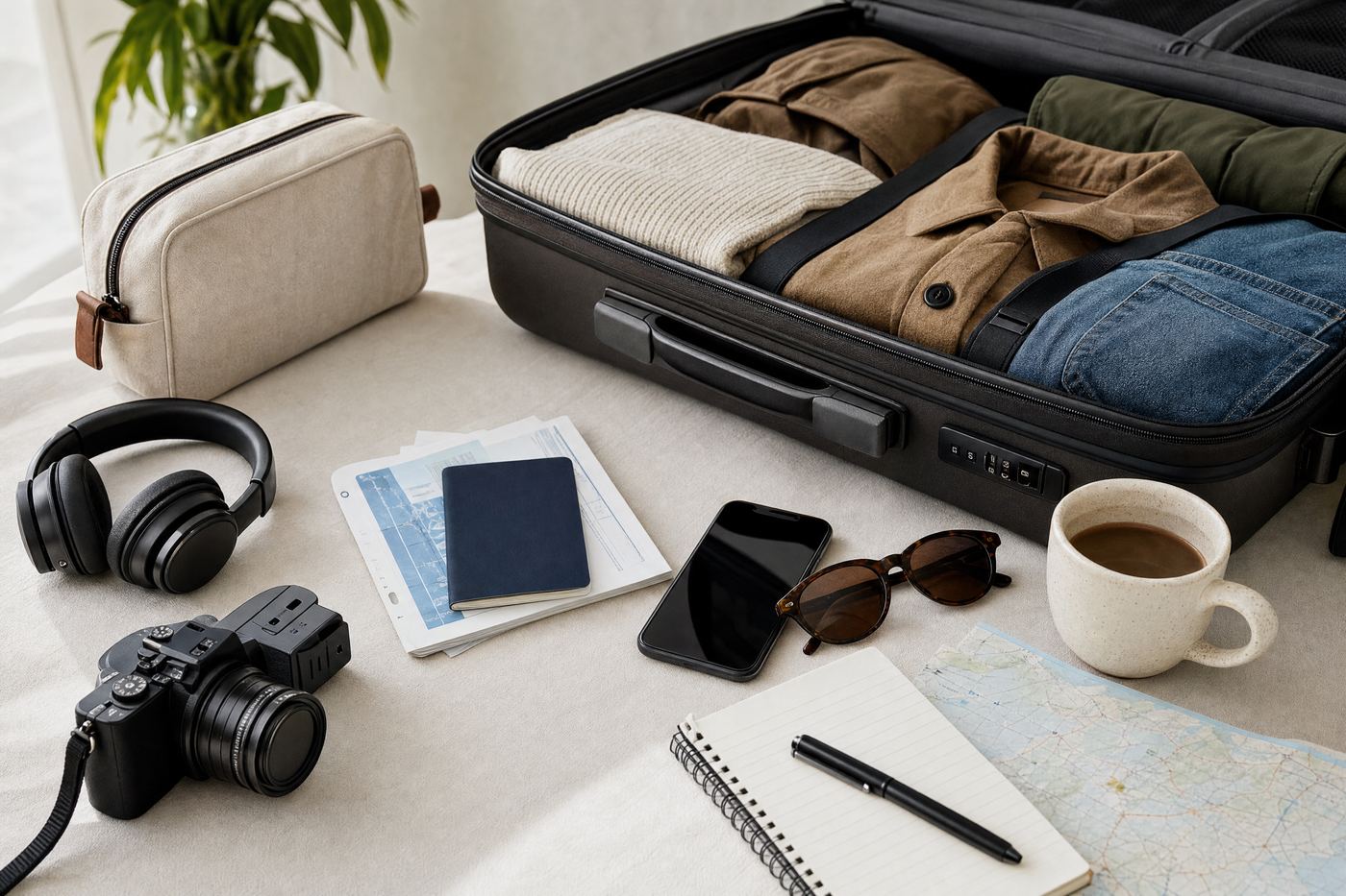 Traveler reviewing a checklist before packing suitcase by the door